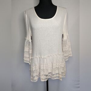 Easel Beige Tunic Flowy laces boho blouse 3/4 sleeve Medium A2